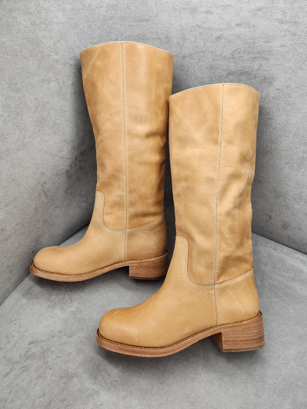 Steve Madden Knee High Boots 5.5 Tan Leather Riggs Biker Chunky Pull On New $200 - Picture 4 of 17